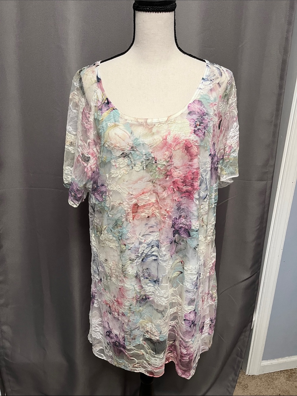 Brittany Black Pastel Floral Lace-Overlay Tunic